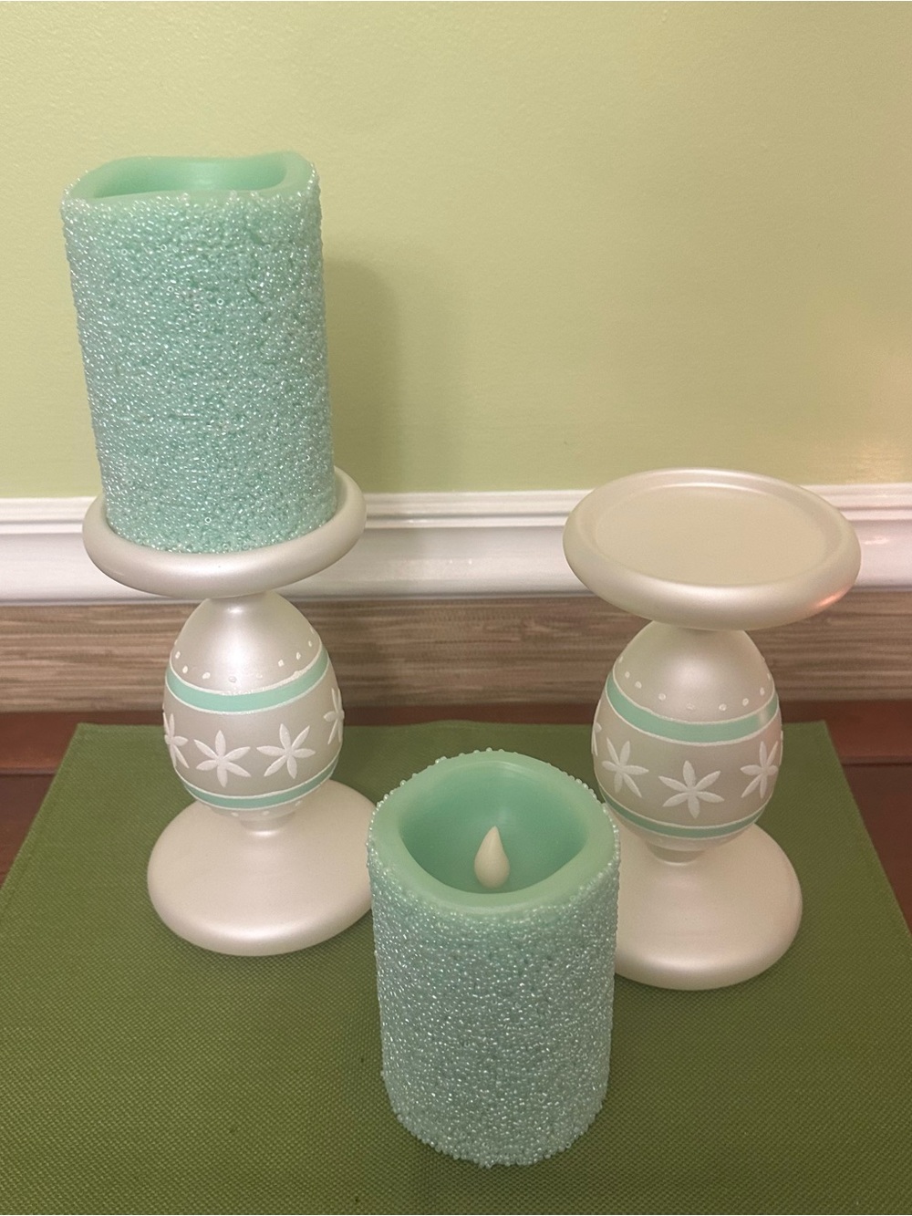 Valerie Parr Hill Mint Green LED Candle Set with Cream Floral Pedestal Holders
